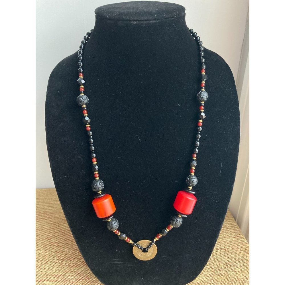 Lucky Coin Prosperity Necklace w Red Garnet, Bakelite? & Glass